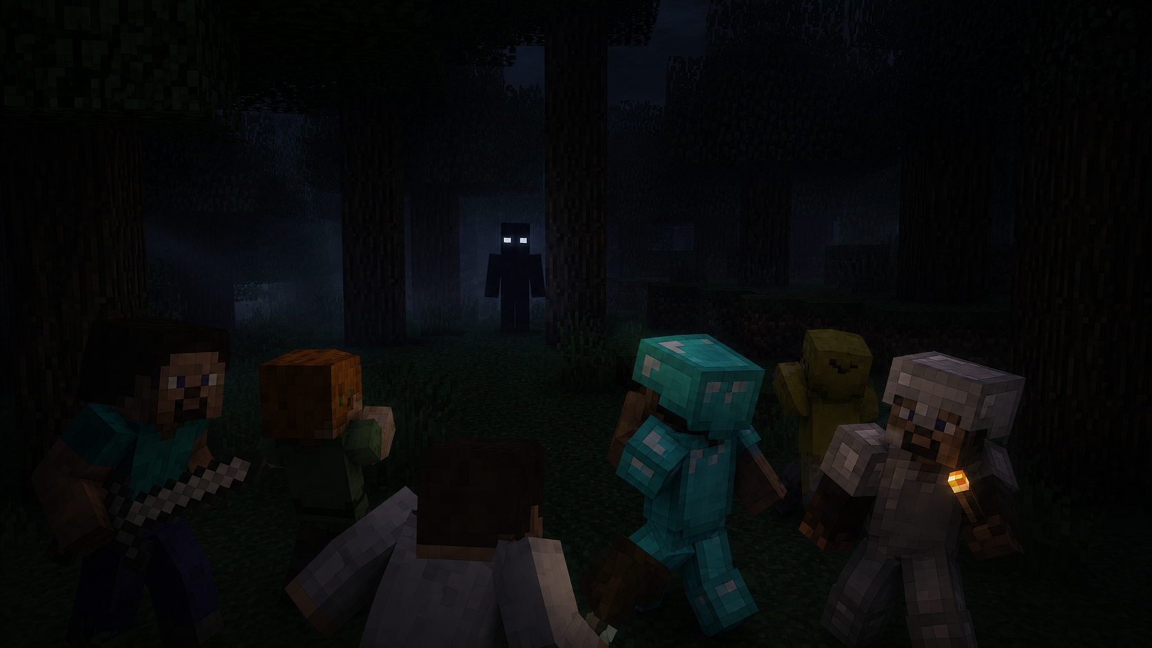 Jugadores de Minecraft en un bosque oscuro con Herobrine observando desde el fondo.